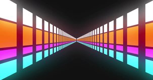 Animation of colourful neon circles and digital tunnel on black background. Abstract background, retro future and pattern concept digitally generated video.