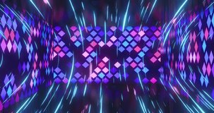 Animation of neon shapes moving over light trails on black background. Abstract background, retro future and pattern concept digitally generated video.