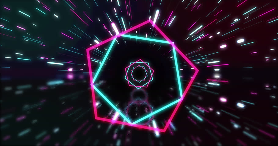 Animation of neon shapes moving over black background. Abstract background, retro future and pattern concept digitally generated video.