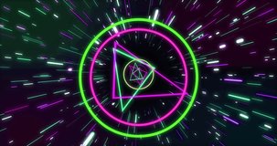 Animation of neon shapes moving over black background. Abstract background, retro future and pattern concept digitally generated video.