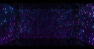Animation of neon arrow icon over blue spots falling. Abstract background, retro future and pattern concept digitally generated video.