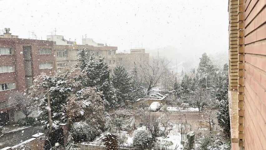 pine forest in the city in winter snow heavy snowfall in urban area in Tehran Iran brick architectural design street light parking cars covered in cold desert climate in middle east peole living safe