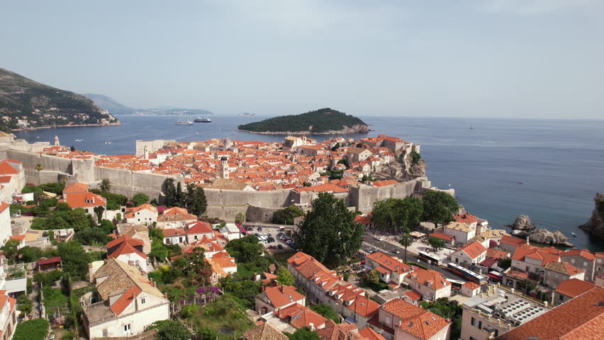 Aerial View of Dubrovnik Croatia. Medieval Old Town on Coast of Adriatic Sea, Drone Shot