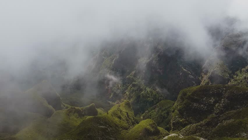 Drone view at Montains cloudy day in Madeira, Pico Ruivo