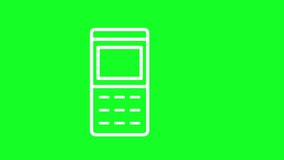 Animated payment white line icon. POS terminal. Contactless paying. Loop HD video with chroma key, alpha channel on transparent background, black solid background. Outline motion graphic animation