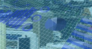 Animation of financial data processing over grid and cityscape background. Global business, finances, computing and data processing concept digitally generated video.