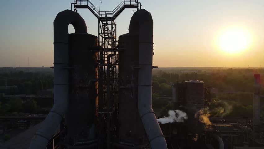Industry metallurgical plant sunrise bad ecology chimney smoke aerial 4K | Shutterstock HD Video #1100776997