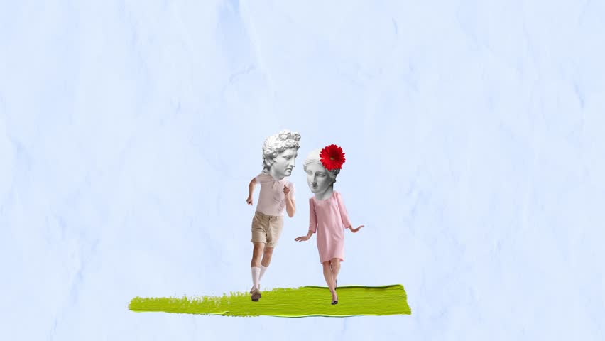 Stop motion, animation. Modern contemporary design. Couple headed with ancient statue heads dancing, walking on light background. Retro style. Inspiration, idea, relationship. Surrealism. Royalty-Free Stock Footage #1100779073