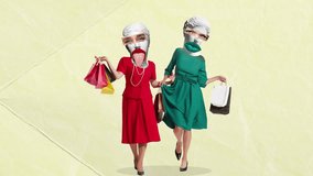 Stop motion, animation. Contemporary art design. Woman in stylish dresses with antique statue heads going shopping together. Leisure time activity. Sales. Retro style. Inspiration, idea. Surrealism. - Powered by Shutterstock - Get 15% off with code: PIKWIZARD15