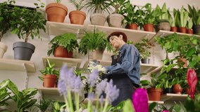 In the small flowers shop the entrepreneur and florist woman with short hair taking care of plants from the shop shelves taking video closeup