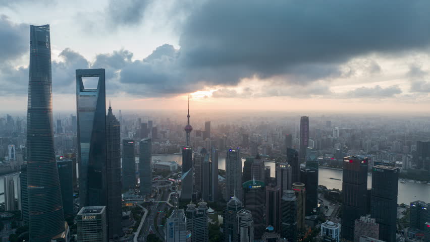 Aerial hyperlapse video of Lujiazui Shanghai at sunset.