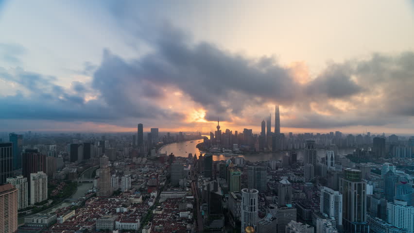 Timelapse of the Shanghai Skyline at sunrise, Shanghai, China.