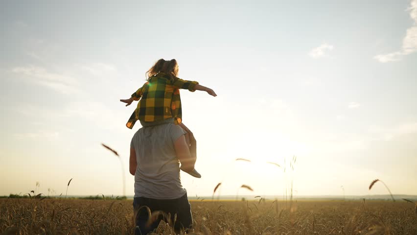 father and daughter in the park. happy family a behind his back walking in a wheat field silhouette. happy family kid dream concept. father and daughter piggyback happy sunset family Royalty-Free Stock Footage #1100783533