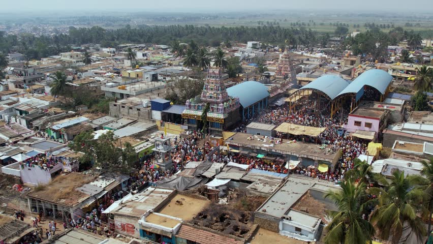 Aerial view of a huge crowd of people gathered at a temple during a Hindu religious festival karnikotsava or prophecy,mailaralingeshwara karnika