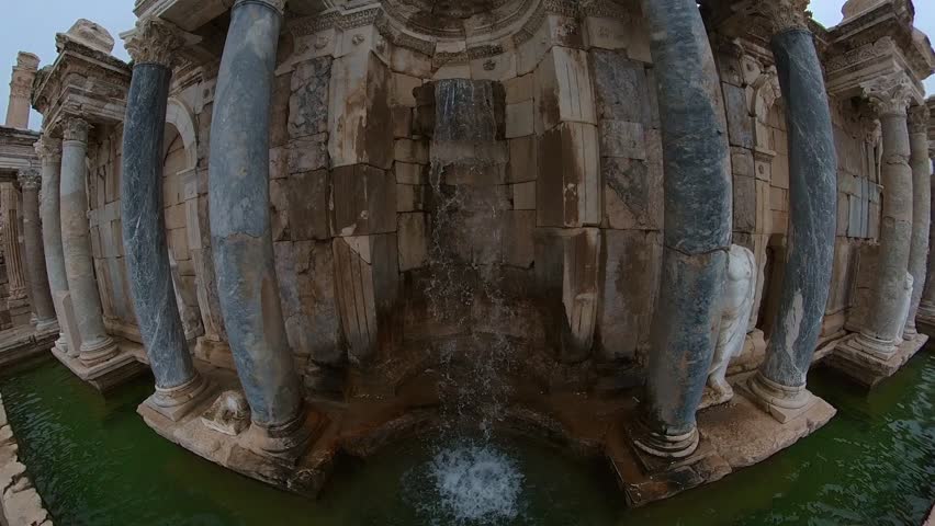 Sagalassos ancient city, Mystical view of the monumental Antonines fountain Nymphaeum in the mist. Turkey Burdur Ağlasun