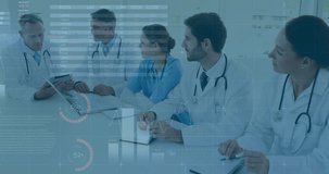 Animation of data processing over diverse group of doctors. global science, connections, data processing and digital interface concept digitally generated video.