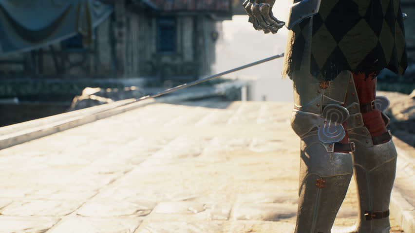 A medieval formidable knight stands on the bridge of a medieval city. Historical medieval concept. The animation is for historical, medieval or military backgrounds.