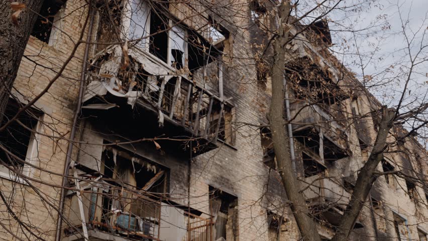 Destroyed by war building in Borodyanka, Ukraine