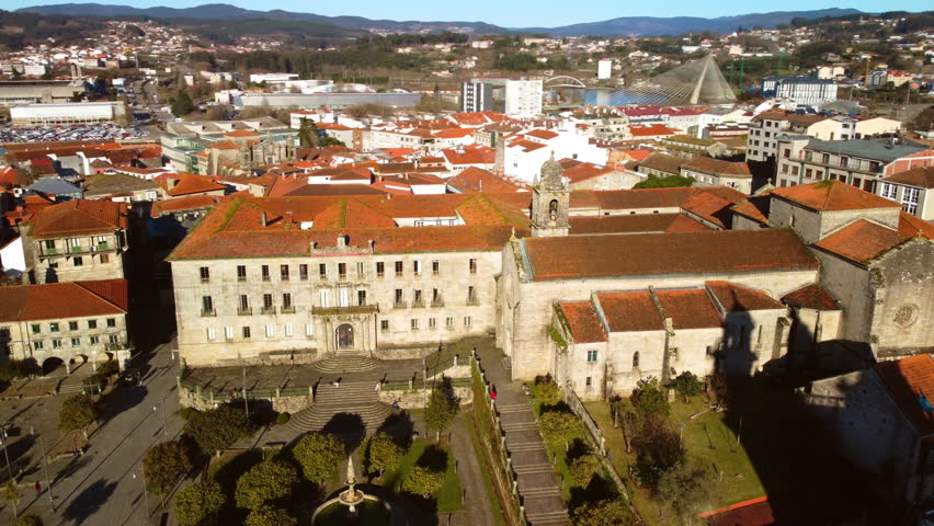 Aerial view of Pontevedra cityscape with a modern apartment buildings and sea bay, Galicia, Spain. High quality 4k footage