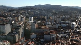 Aerial view of Pontevedra cityscape with a modern apartment buildings and sea bay, Galicia, Spain. High quality 4k footage