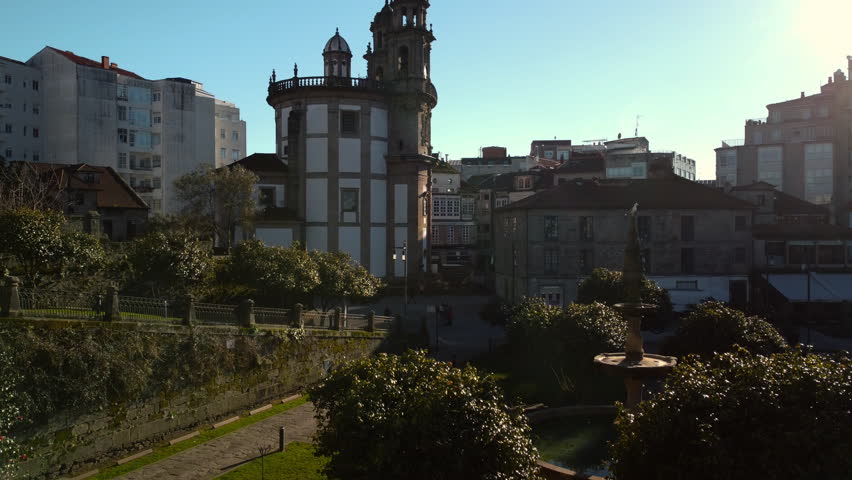 Aerial view of The Peregrina Church in Pontevedra, Galicia, Spain. High quality 4k footage