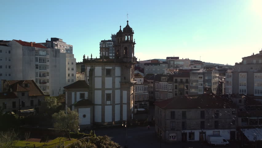 Aerial view of The Peregrina Church in Pontevedra, Galicia, Spain. High quality 4k footage