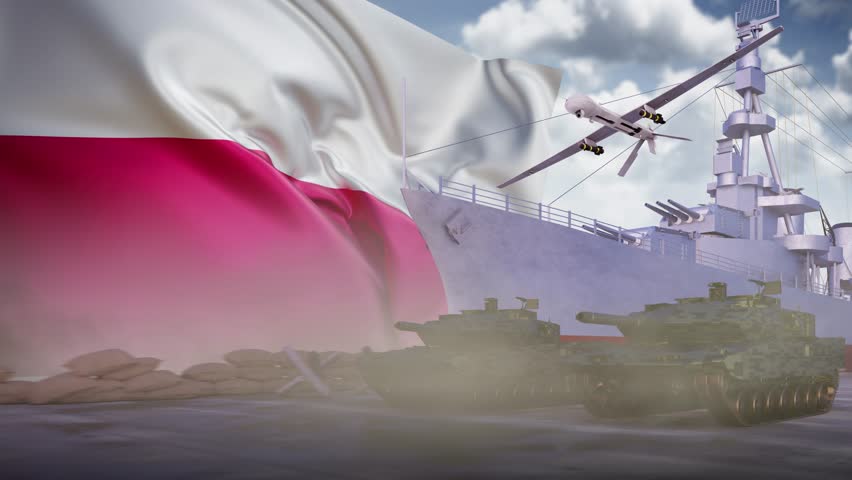 Poland Military Spending, Poland War Machines, Military vehicles, tank, drone and warship in front of a national flag. Military spending, national militaries,  defence budget