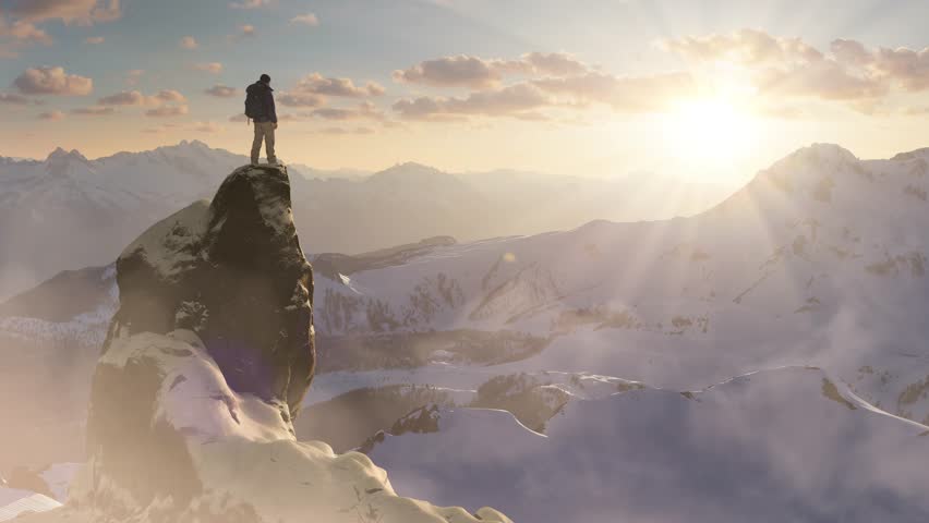 Adventurous Man Hiker standing on top of icy peak with rocky mountains in background. Adventure Composite. 3d Rendering rocks. Aerial Image of landscape from BC, Canada. Dramatic Sky. 3D Illustration Royalty-Free Stock Footage #1100799575