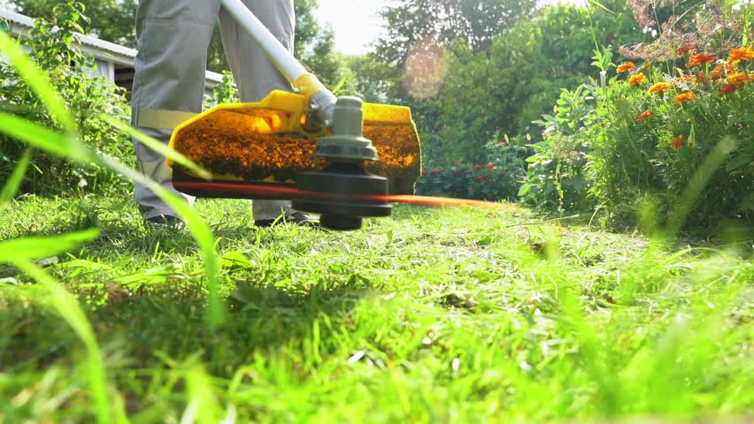 A man mows the grass with a grass trimmer | Shutterstock HD Video #1100799933