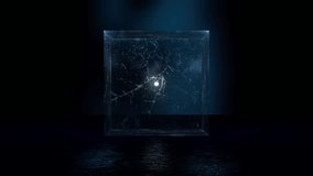 Camera rotates around a 3D Lissarjous figure trapped in a glass box in dark surrounding