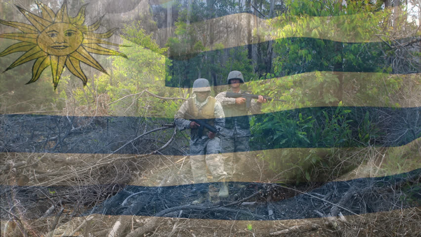 Animation of flag of uruguay over diverse soldiers. patriotism and celebration concept digitally generated video.