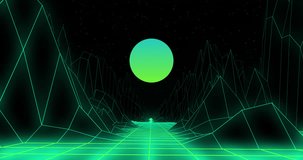 Animation of metaverse with digital sun and mountains on black background. light, pattern and movement concept digitally generated video.