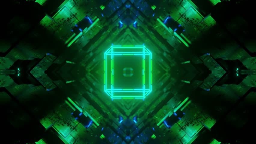 symmetrical 3d object or structure rotates and moves inside glass mirror tunnel with neon light, bright reflections. Fantastic abstract background looped in 4k. Vj loop for show. 3D Illustration - Powered by Shutterstock - Get 15% off with code: PIKWIZARD15