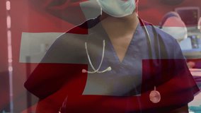 Animation of flag of switzerland over diverse doctors during surgery. global medicine and patriotism concept digitally generated video.
