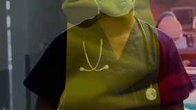 Animation of flag of france over diverse doctors during surgery. global medicine and patriotism concept digitally generated video.