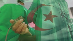 Animation of flag of algeria over surgeons with caucasian patient. global medicine and patriotism concept digitally generated video.