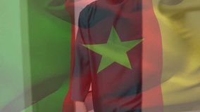 Animation of flag of cameroon over caucasian doctors talking. global medicine and patriotism concept digitally generated video.