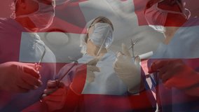 Animation of flag of switzerland over diverse doctors during surgery. global medicine and patriotism concept digitally generated video.
