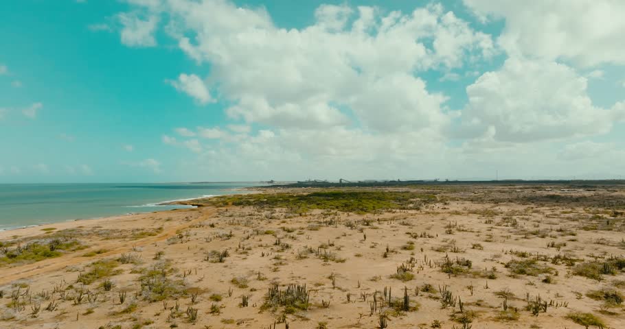 Aerial shot of the desert beach and the ocean, Colombia, La Guajira