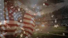 Animation of stars and american flag over sports stadium. patriotism and celebration concept digitally generated video.