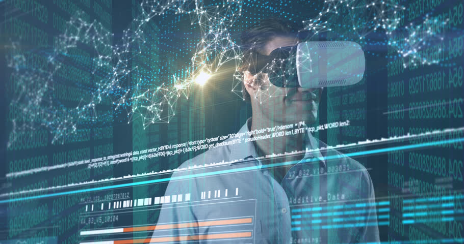 Animation of data processing over caucasian man with vr headset. global technology and digital interface concept digitally generated video. | Shutterstock HD Video #1100816763