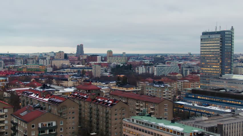 Capital of Sweden Stockholm. Skyline shot with soft aerial dolly