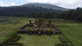 Aerial video of Pura Olon Dano Temple Tamblingan by the lake - Bali, Indonesia