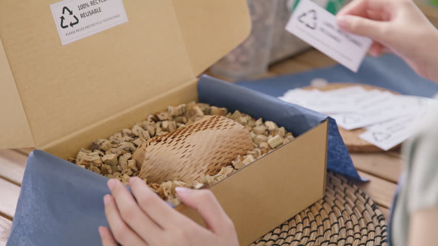 Eco vendor go green packaging parcel carton box in net zero waste store asian seller retail shop. Earth care day small SME owner asia people wrap reuse brown paper pack gift reduce plastic free order. Royalty-Free Stock Footage #1100817899