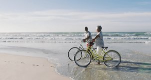 Animation of merry christmas text over diverse senior couple with bikes on sunny beach. Christmas, holidays, festivity, tradition and celebration concept digitally generated video.
