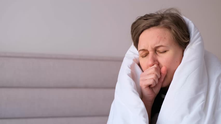 Very upset young woman suffering from cough. Treatment of flu at home. A sick woman covered with a white blanket. Royalty-Free Stock Footage #1100819287