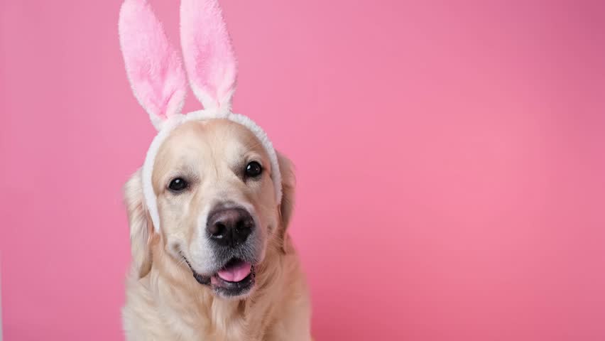 A dog dressed as a rabbit sits on a pink background and holds a basket of eggs. Golden Retriever celebrating Easter and looking at the camera, there is room for text. Easter card with a pet. Royalty-Free Stock Footage #1100819903