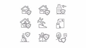 Animated guarantees linear icons. Property and health insurance. Buy coverage. Seamless loop HD video with alpha channel on transparent background. Outline motion graphic animation