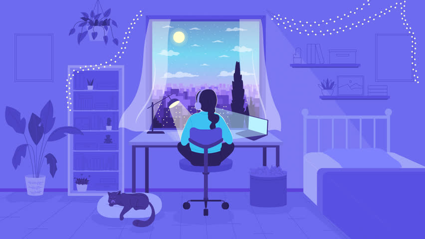 Animated studying lo fi background. Late night homework. 2D cartoon character animation with nighttime cozy bedroom interior on background. 4K video footage with alpha channel for lofi music aesthetic Royalty-Free Stock Footage #1100821653
