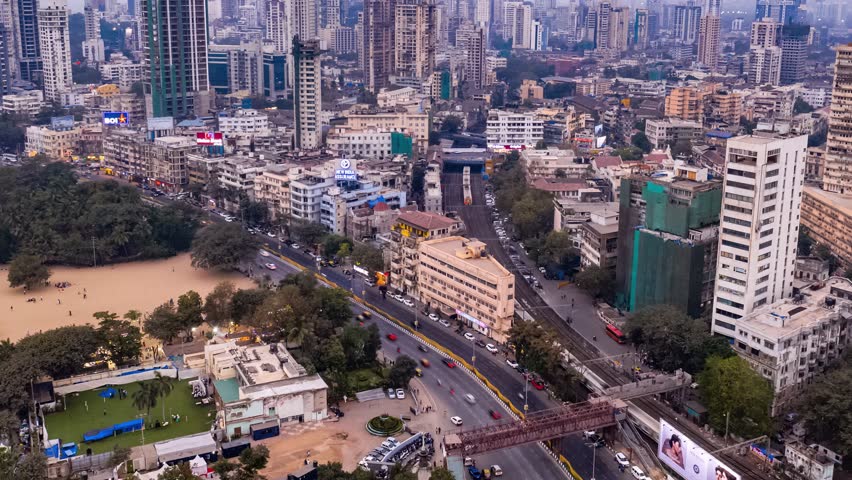 Mumbai Chowpatty Seaface aerial timelapse hyperlapse drone view, India, Maharashtra, 4k day to night